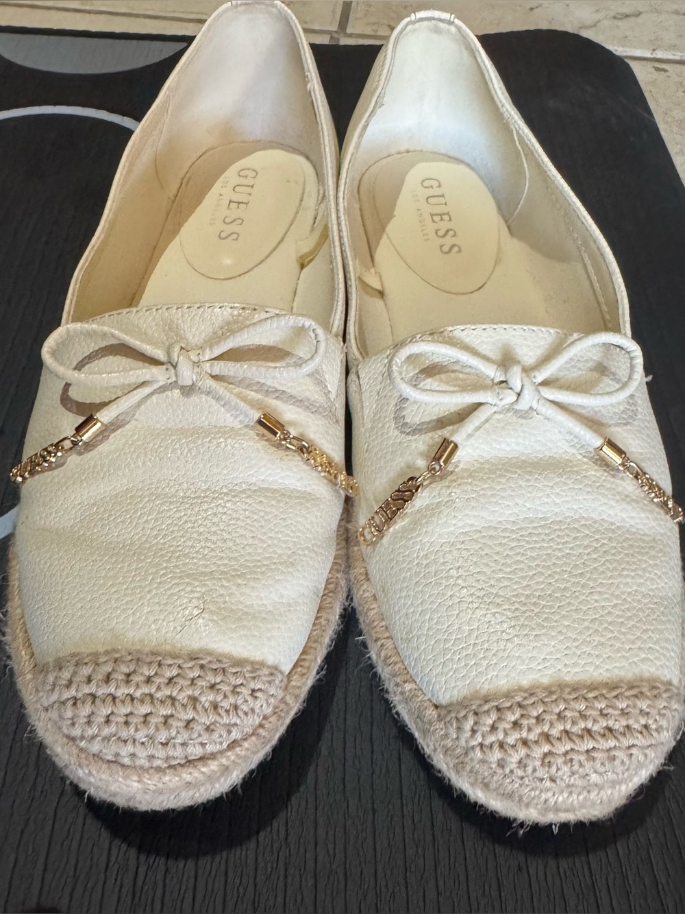 GUESS Cream Espadrille Loafers with Gold Chain Detail